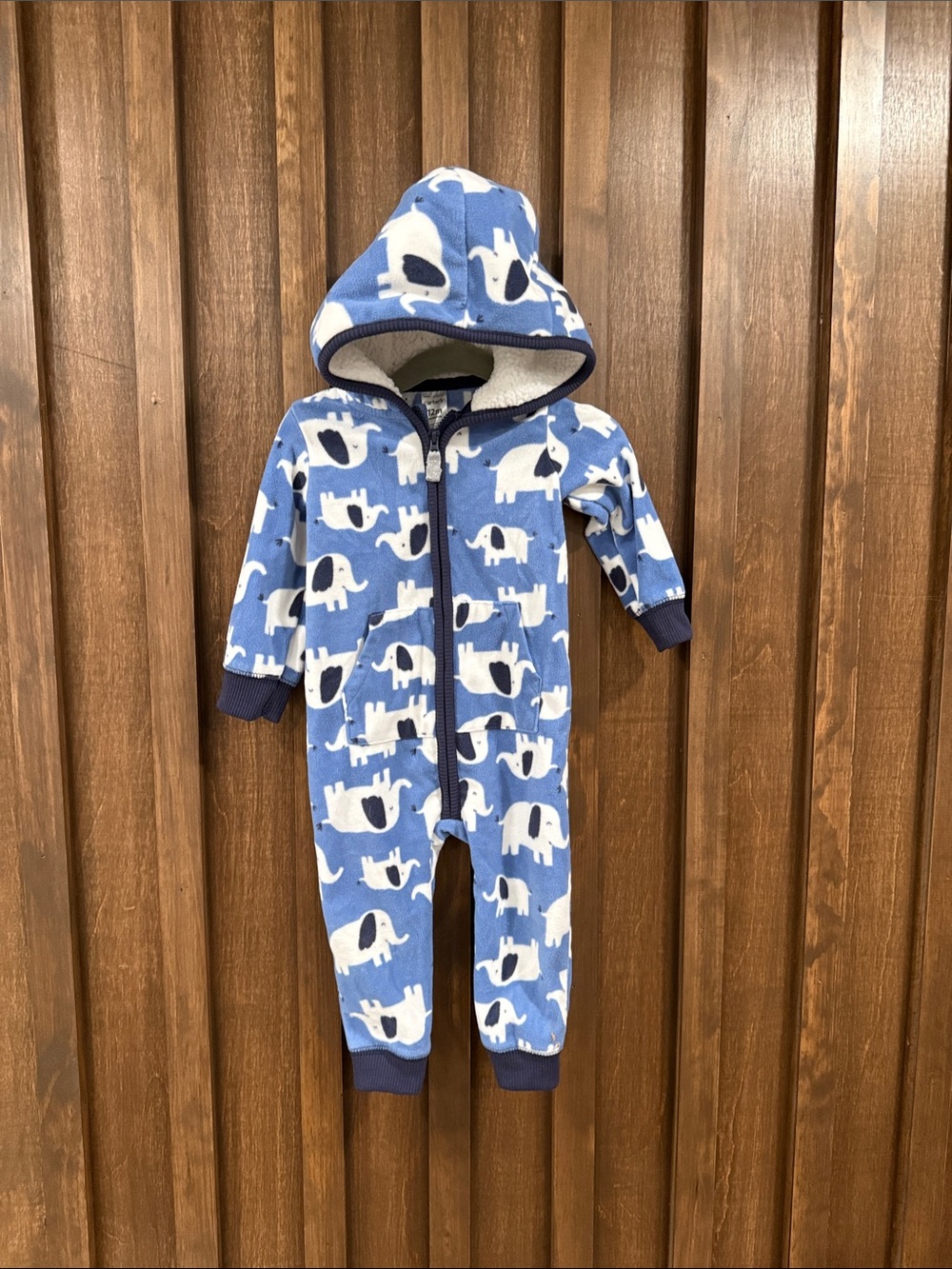 Carter's Blue and White Elephant Hooded Fleece One-Piece